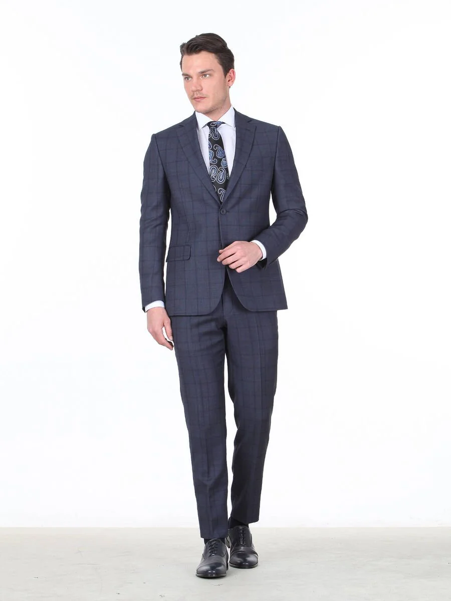 Lacivert Kareli Modern Fit %100 Yün Takım Elbise - 2