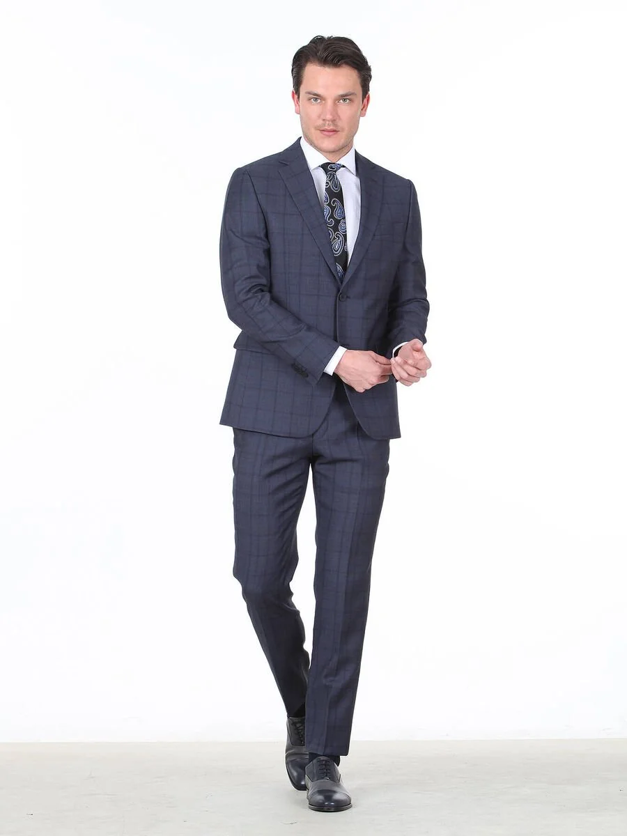 Lacivert Kareli Modern Fit %100 Yün Takım Elbise - 3