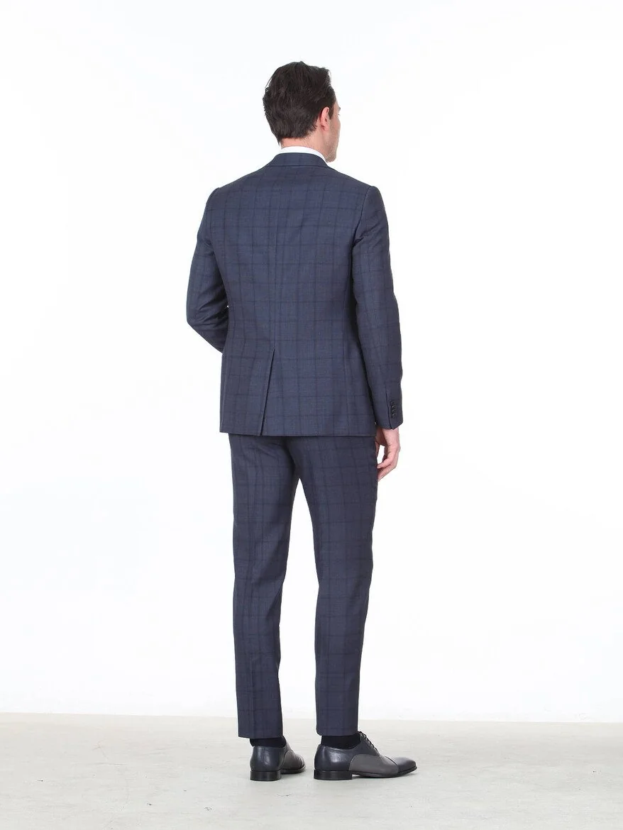Lacivert Kareli Modern Fit %100 Yün Takım Elbise - 4
