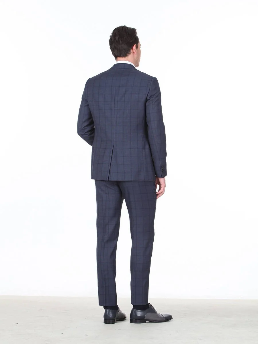 Lacivert Kareli Modern Fit %100 Yün Takım Elbise - 4