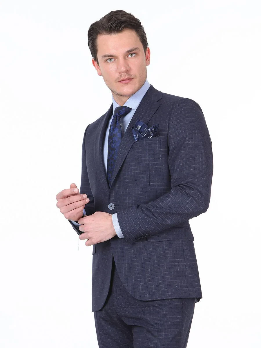 Lacivert Kareli Slim Fit Yün Karışımlı Takım Elbise - 1