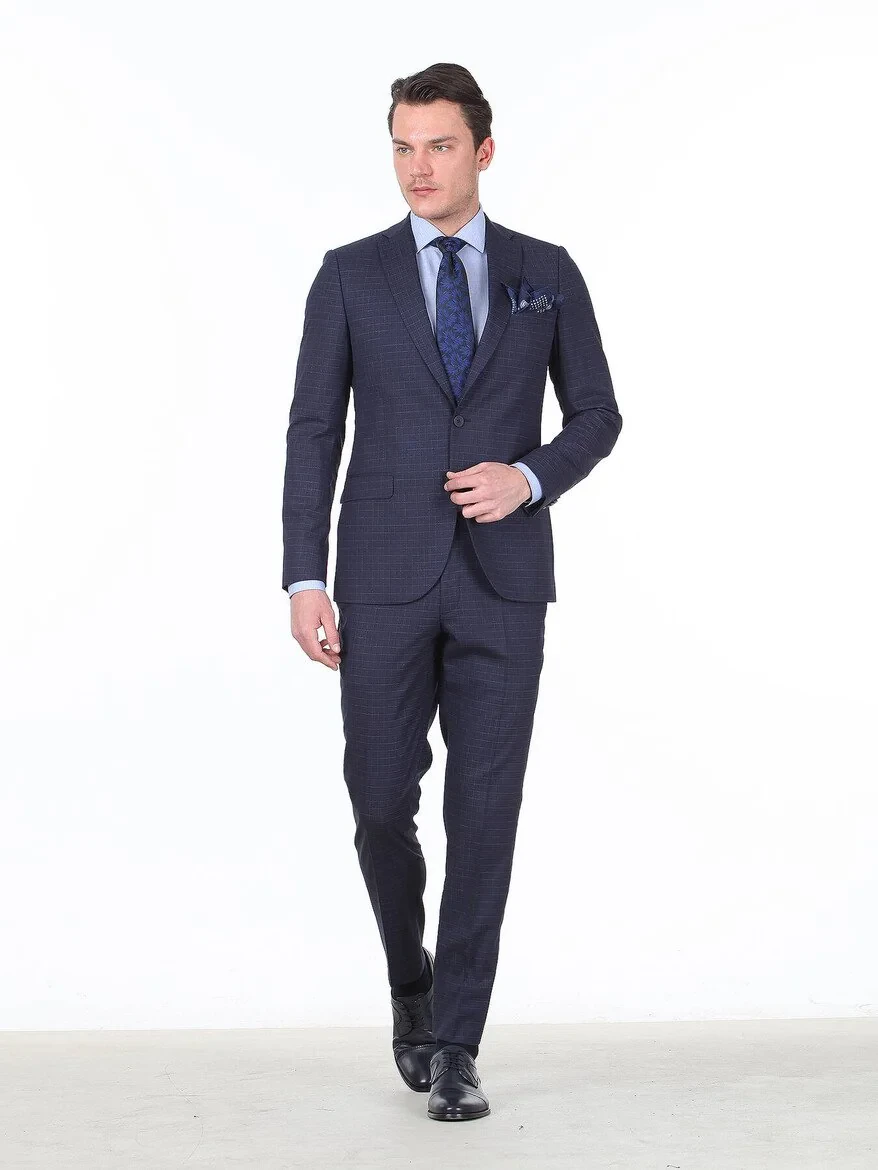 Lacivert Kareli Slim Fit Yün Karışımlı Takım Elbise - 2