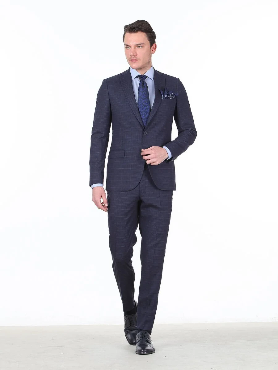 Lacivert Kareli Slim Fit Yün Karışımlı Takım Elbise - 2