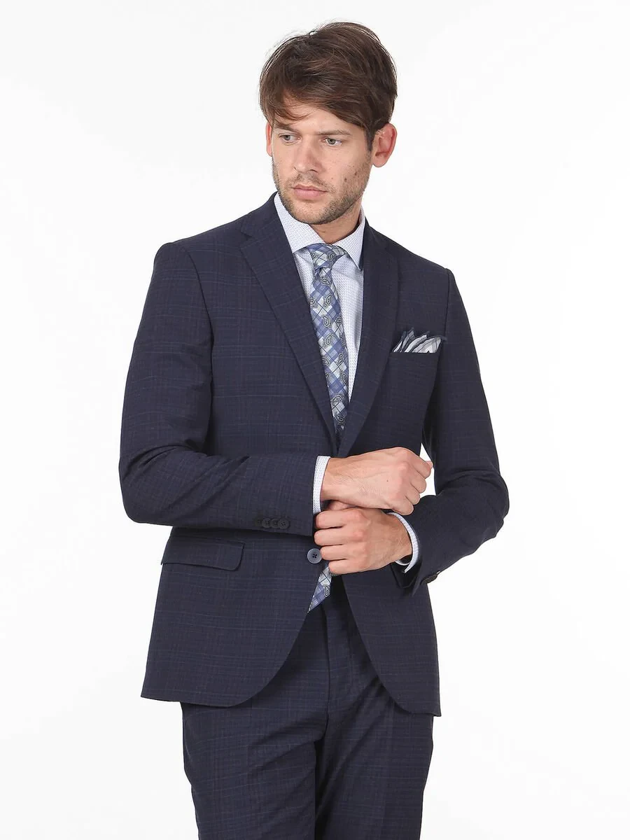 Lacivert Kareli Slim Fit Yün Karışımlı Takım Elbise - 1