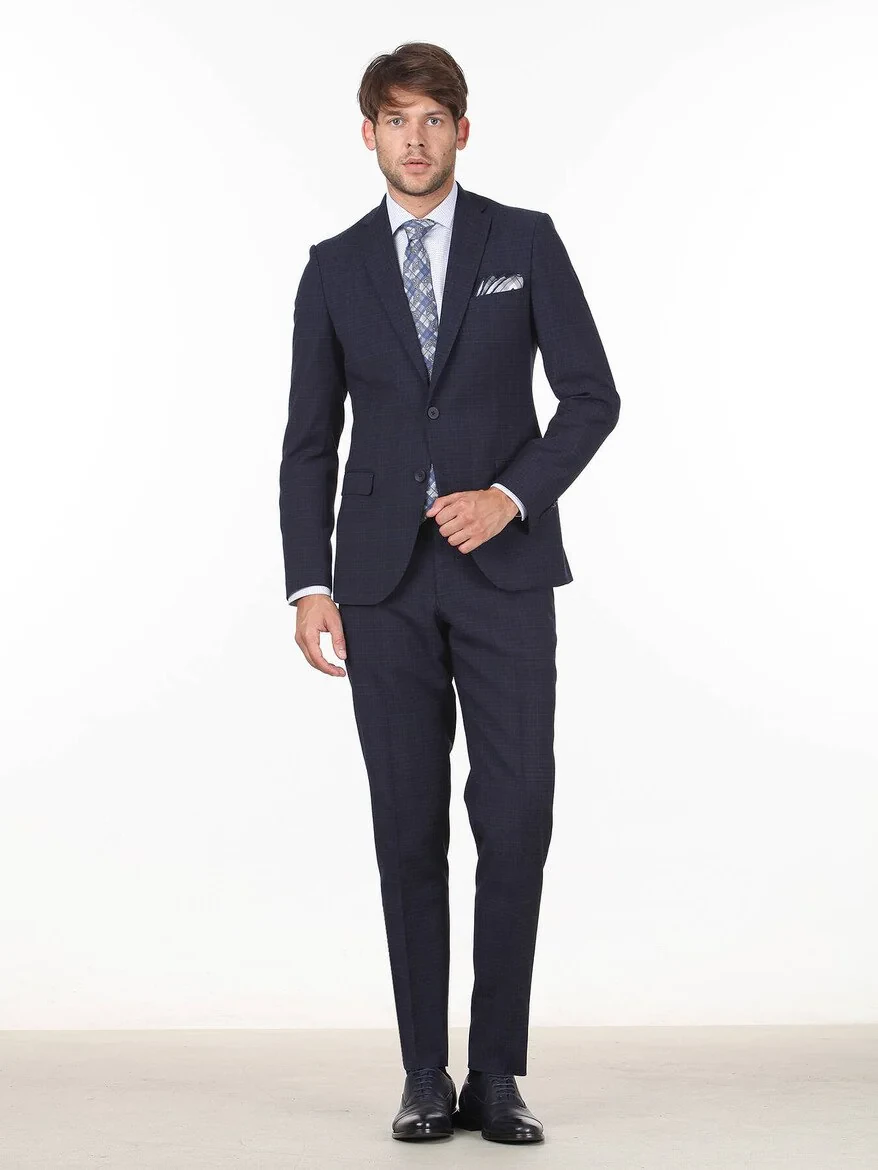Lacivert Kareli Slim Fit Yün Karışımlı Takım Elbise - 3