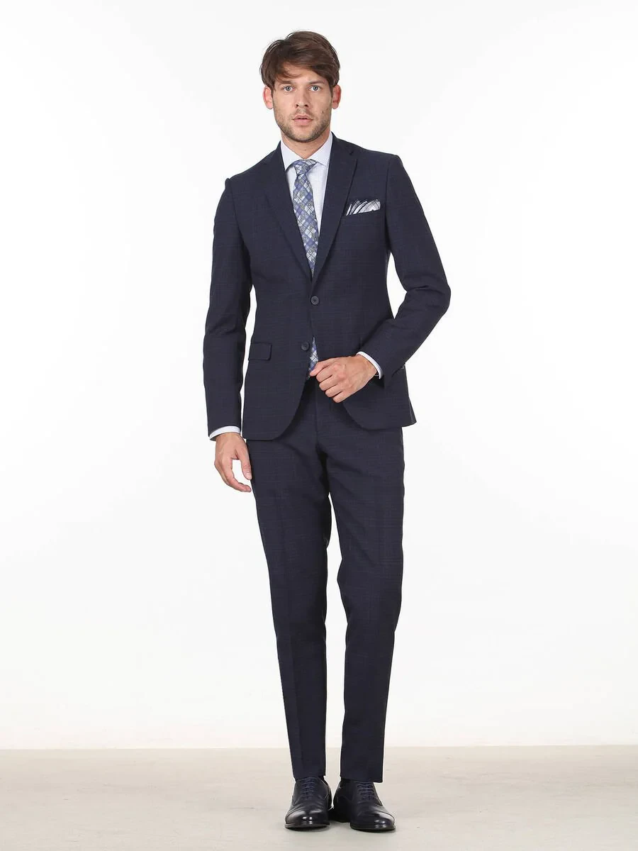 Lacivert Kareli Slim Fit Yün Karışımlı Takım Elbise - 3