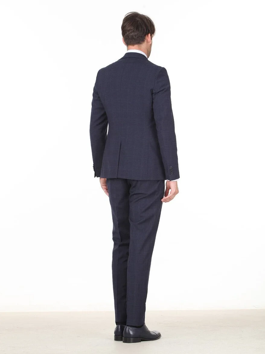 Lacivert Kareli Slim Fit Yün Karışımlı Takım Elbise - 4