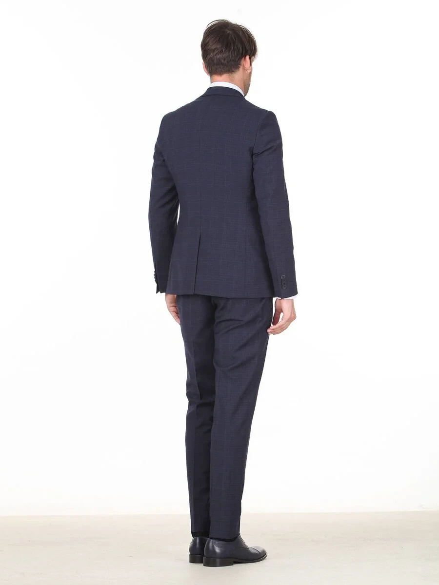 Lacivert Kareli Slim Fit Yün Karışımlı Takım Elbise - 4