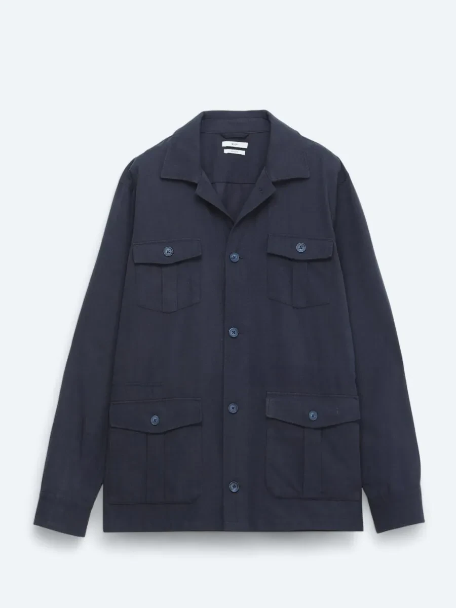 Lacivert Oversize Fit Dokuma Pamuk Karışımlı Overshırt - 1