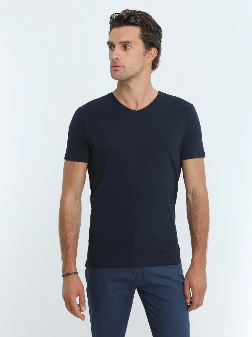 Lacivert Pamuk Karışımlı T-Shirt - 1