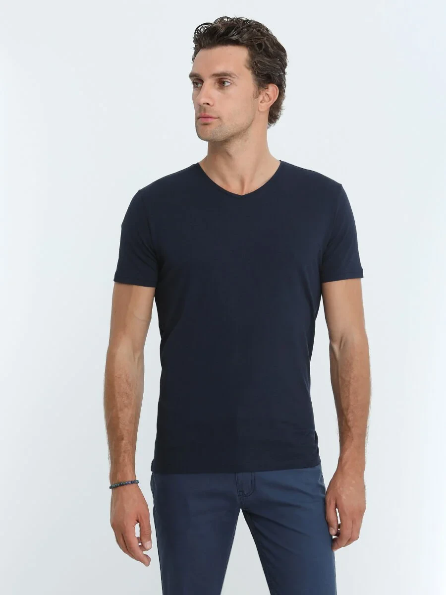 Lacivert Pamuk Karışımlı T-Shirt - 1