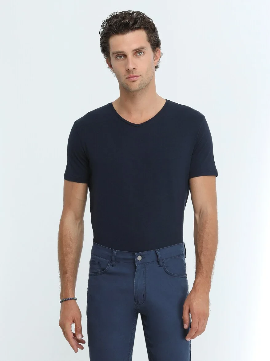 Lacivert Pamuk Karışımlı T-Shirt - 3