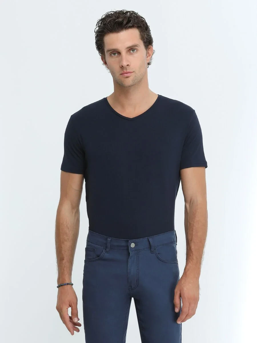 Lacivert Pamuk Karışımlı T-Shirt - 3