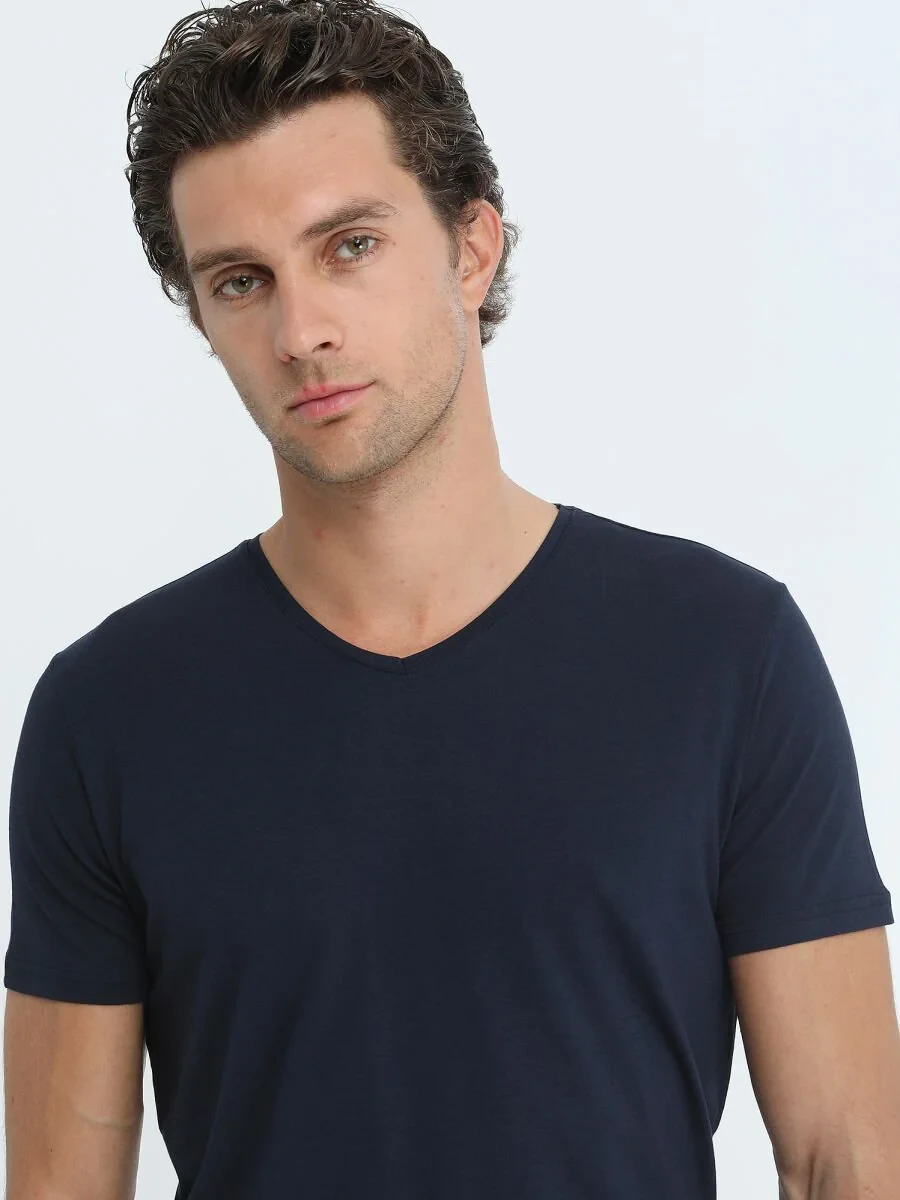 Lacivert Pamuk Karışımlı T-Shirt - 4