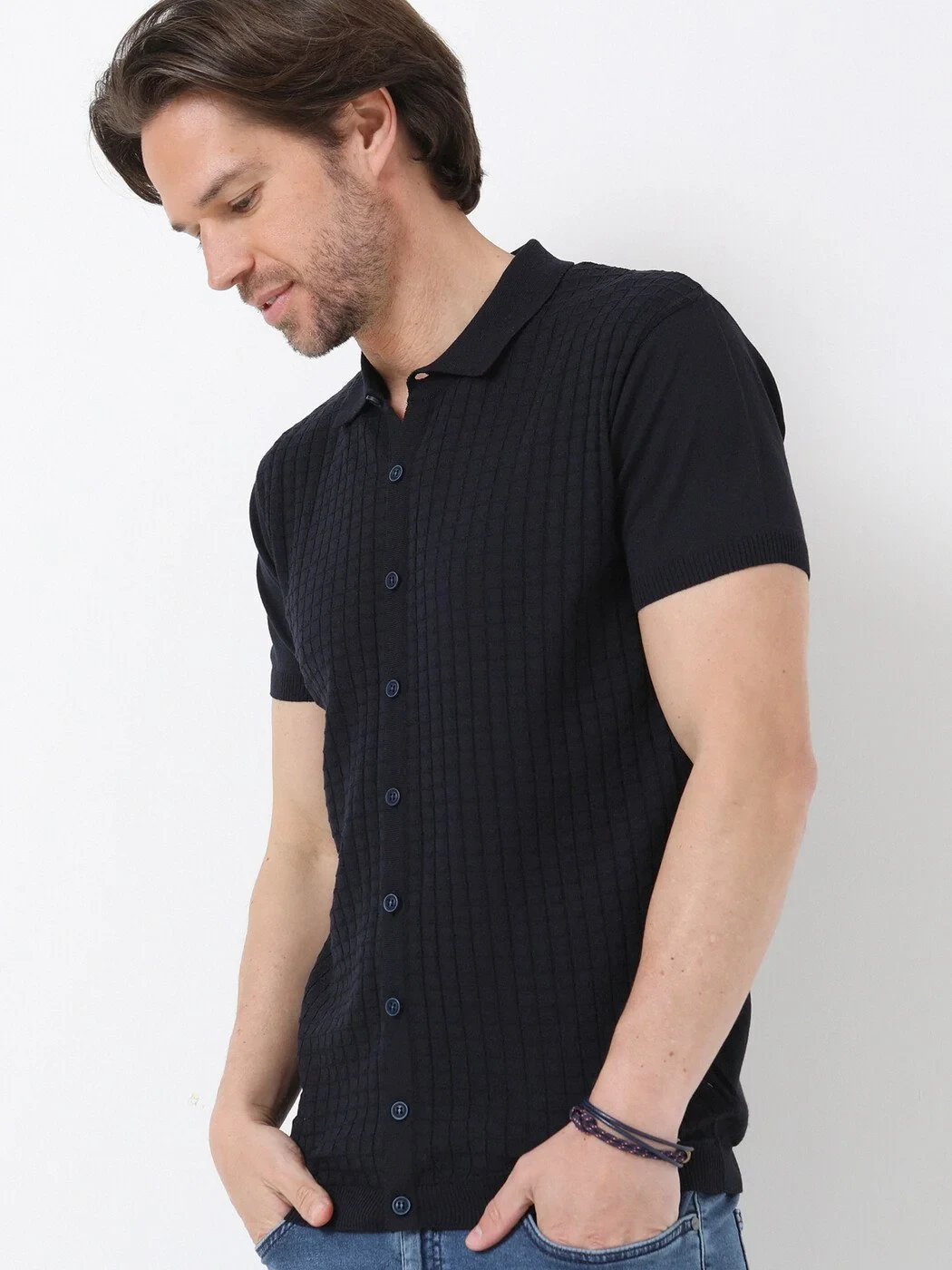 Lacivert Polo Yaka Jakarlı Hırka - 1