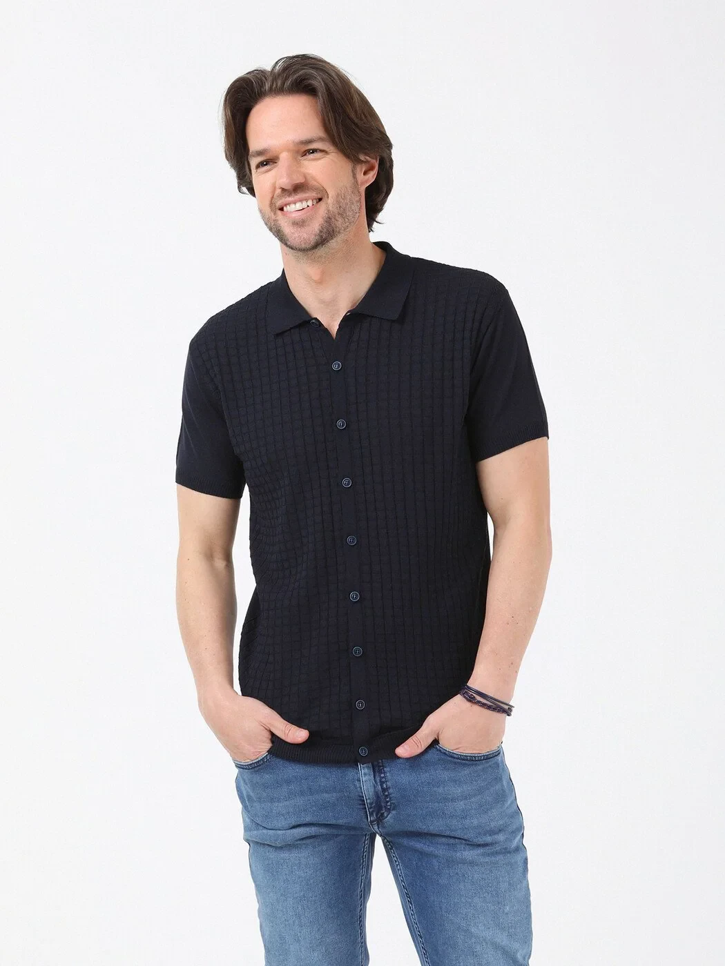Lacivert Polo Yaka Jakarlı Hırka - 2