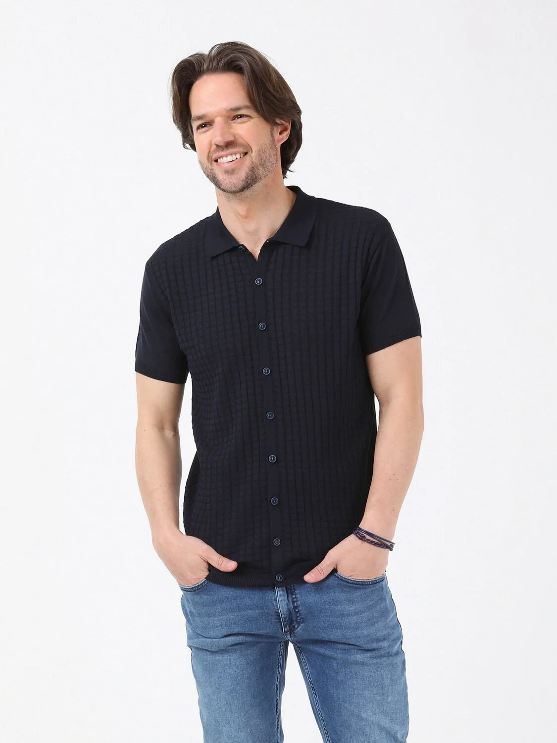 Lacivert Polo Yaka Jakarlı Hırka - 2