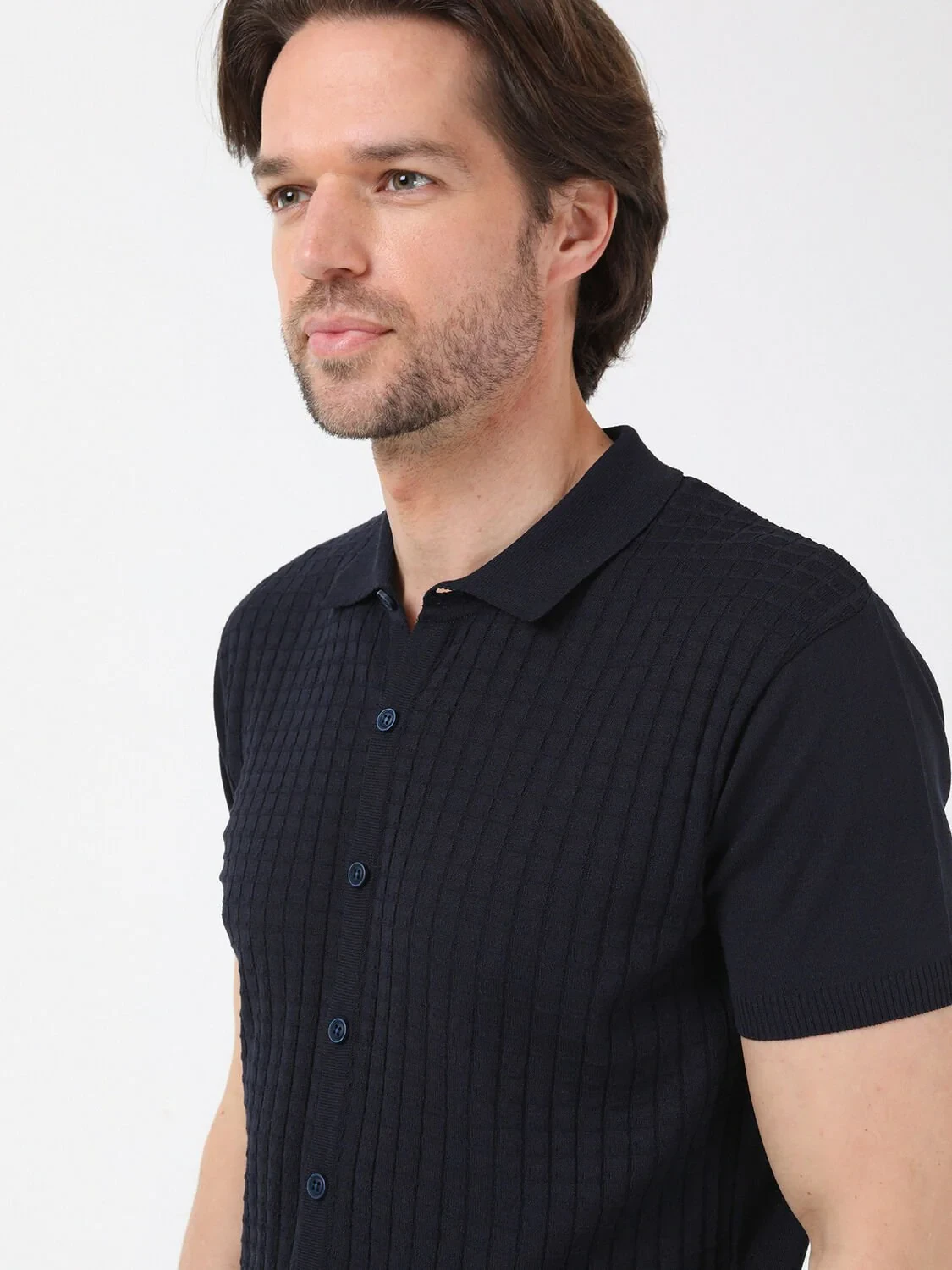 Lacivert Polo Yaka Jakarlı Hırka - 3