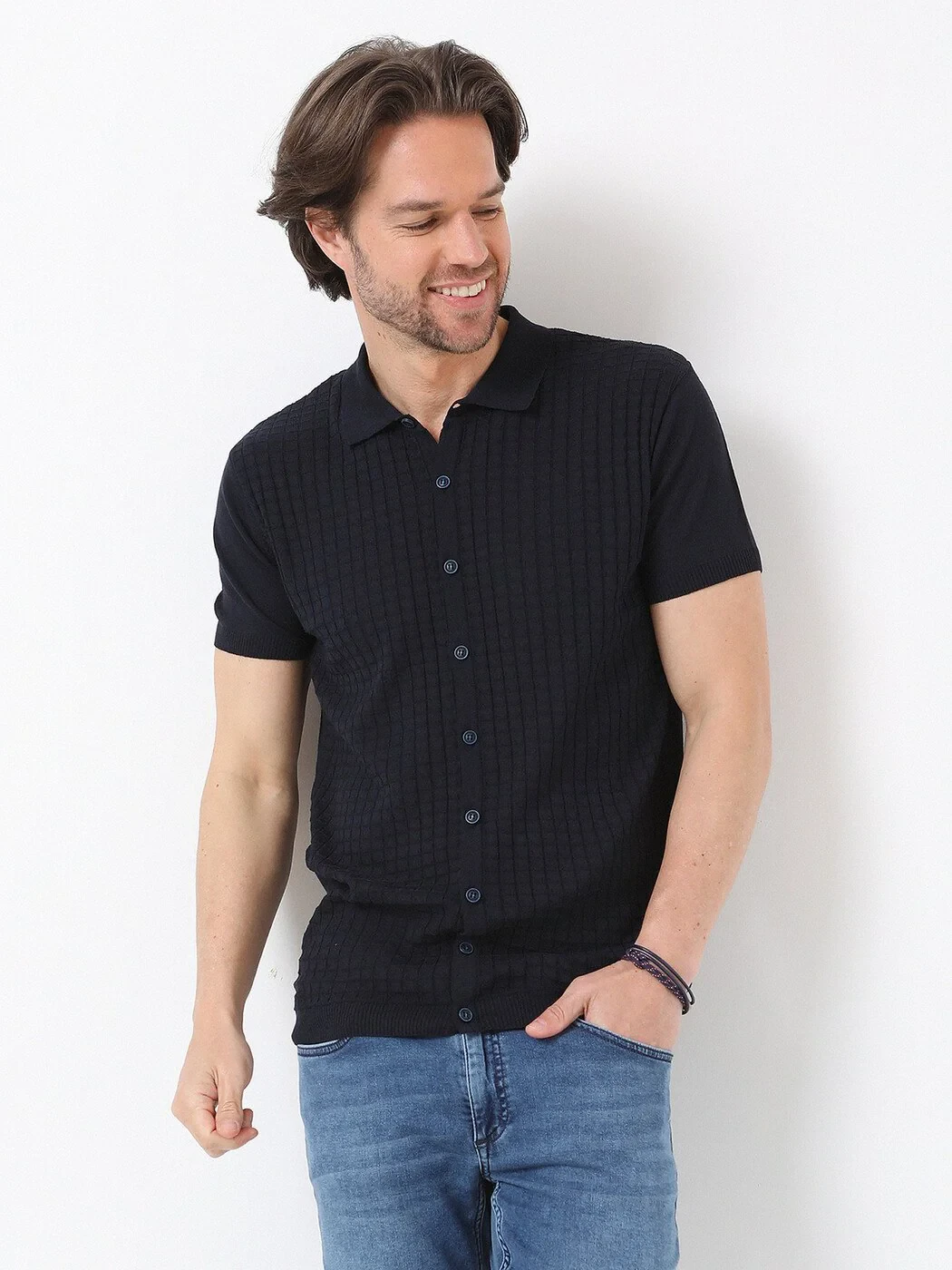 Lacivert Polo Yaka Jakarlı Hırka - 4