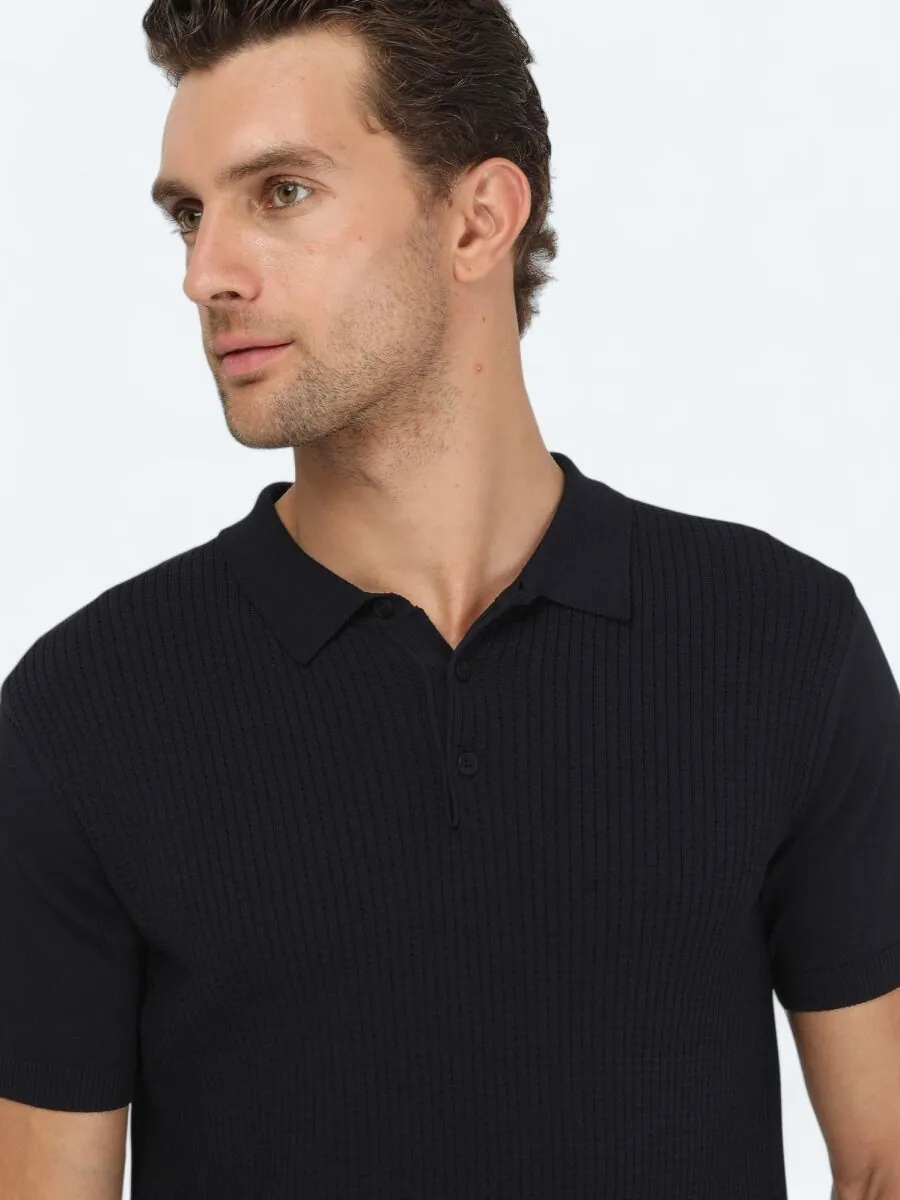 Lacivert Polo Yaka Jakarlı Triko - 3