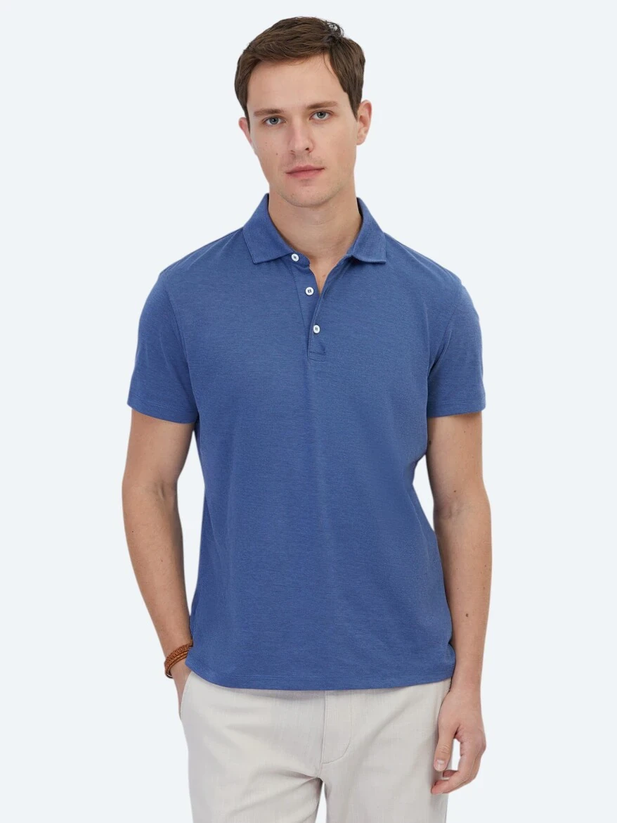 Lacivert Polo Yaka Pamuk Karışımlı T-Shirt 