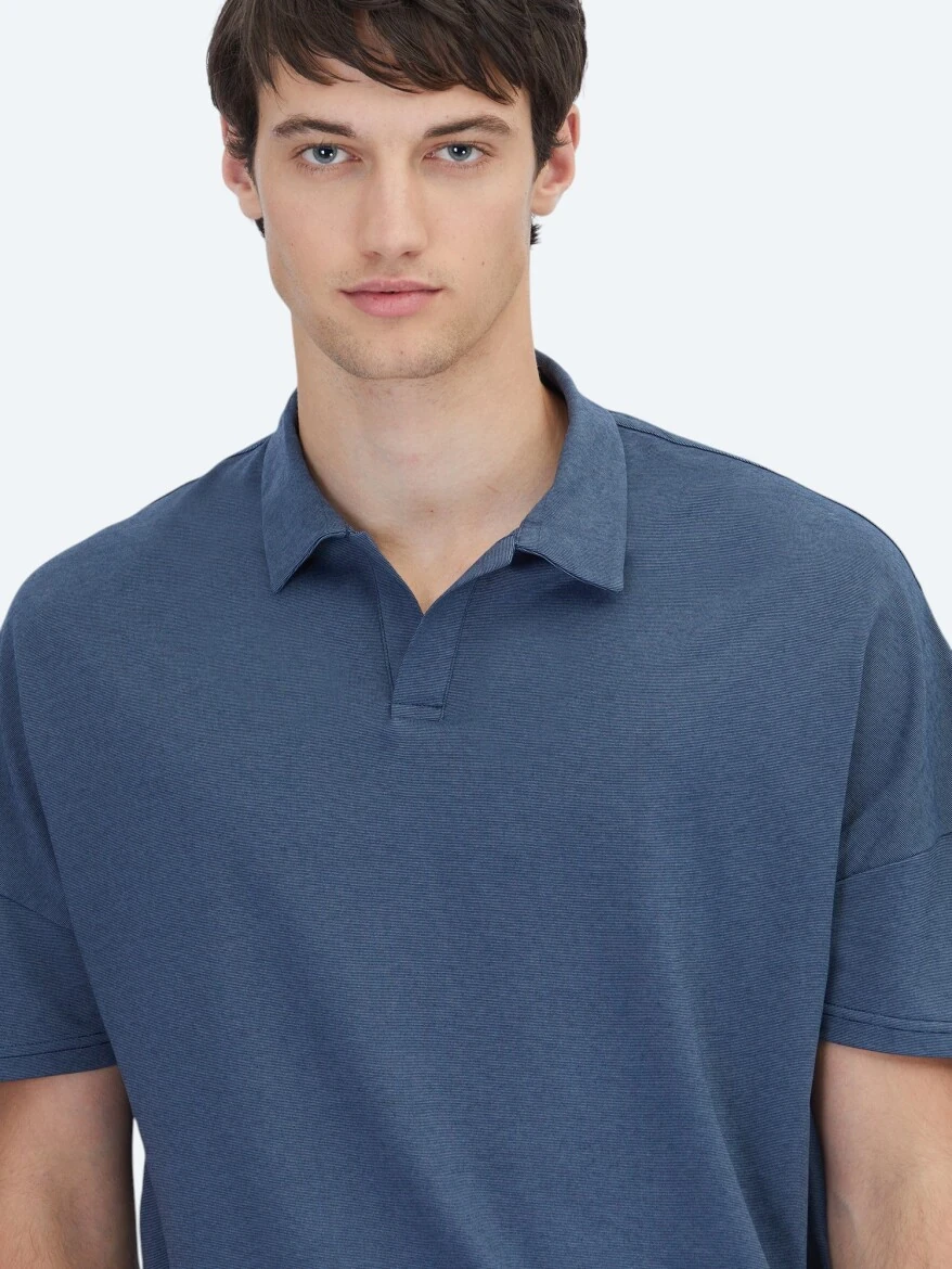 Lacivert Polo Yaka Pamuk Karışımlı T-Shirt - 4