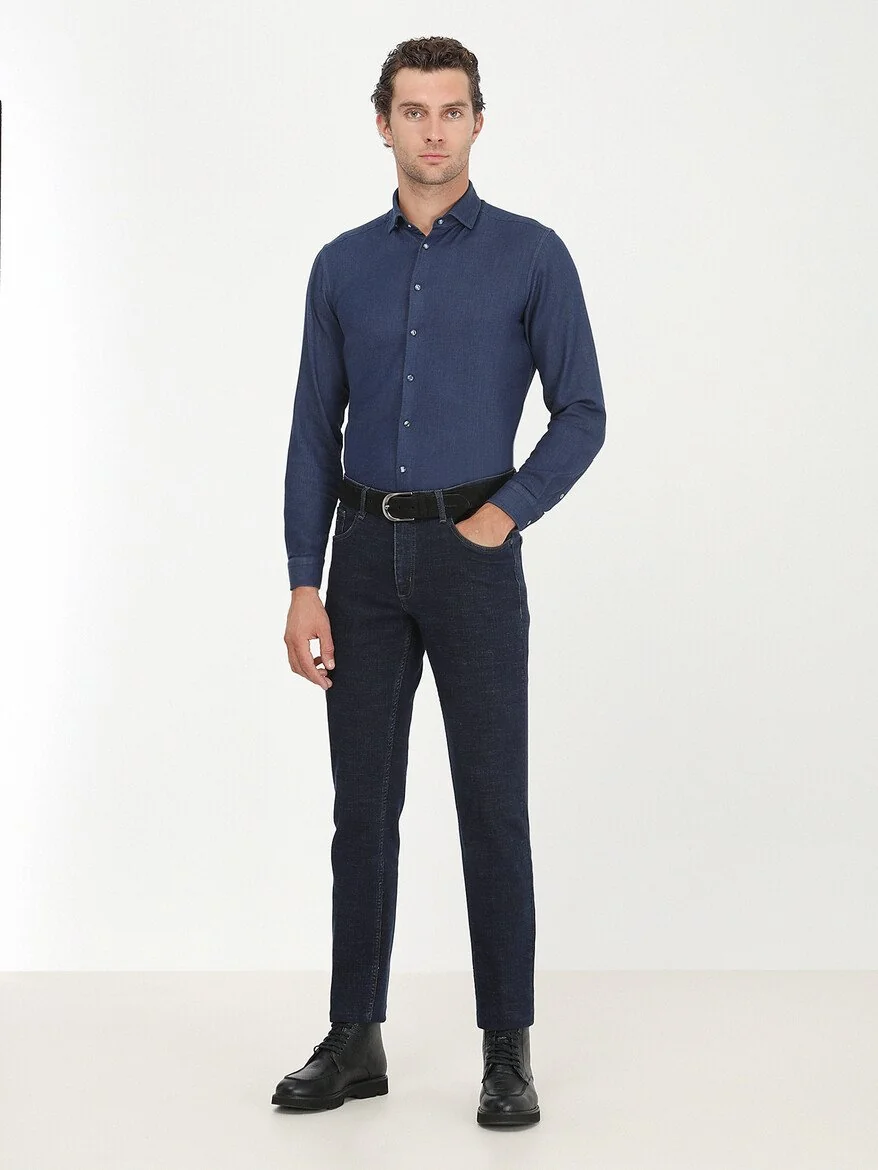 Lacivert Slim Fit Denim Pamuk Karışımlı Pantolon - 4