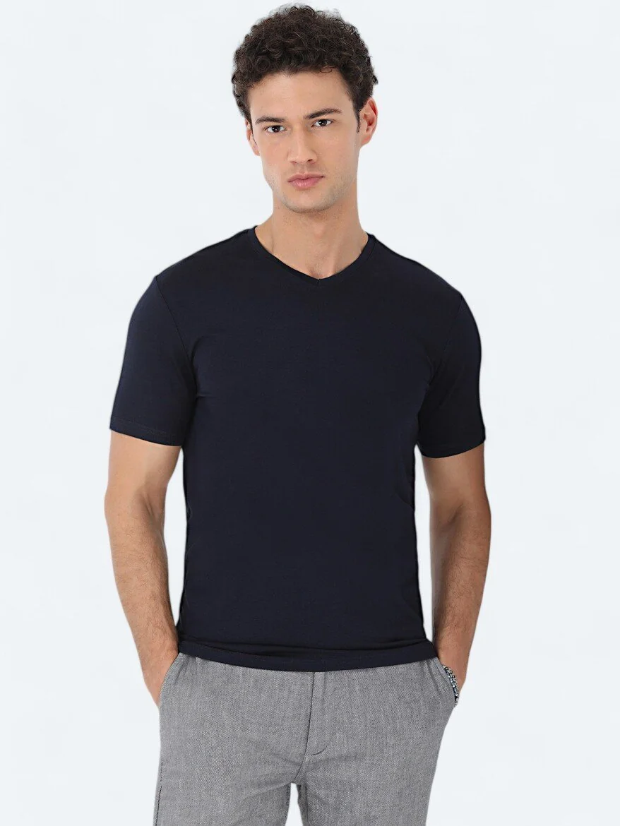 Lacivert V Yaka Pamuk Karışımlı T-Shirt - 1