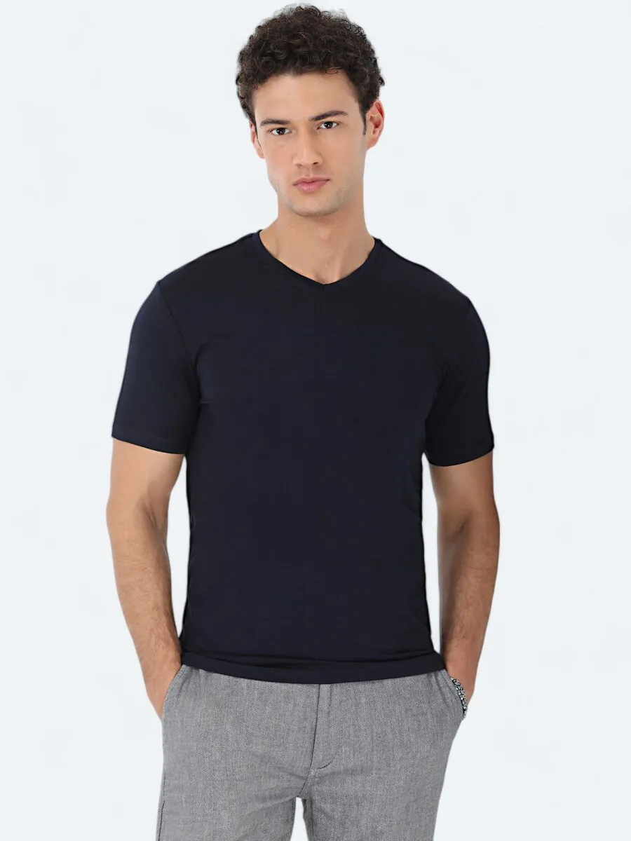 Lacivert V Yaka Pamuk Karışımlı T-Shirt - 1
