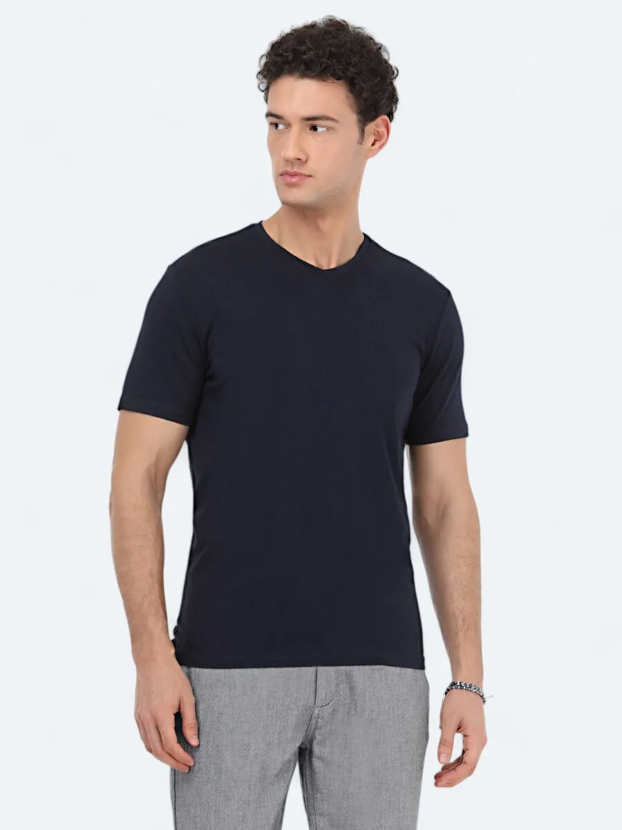 Lacivert V Yaka Pamuk Karışımlı T-Shirt - 2