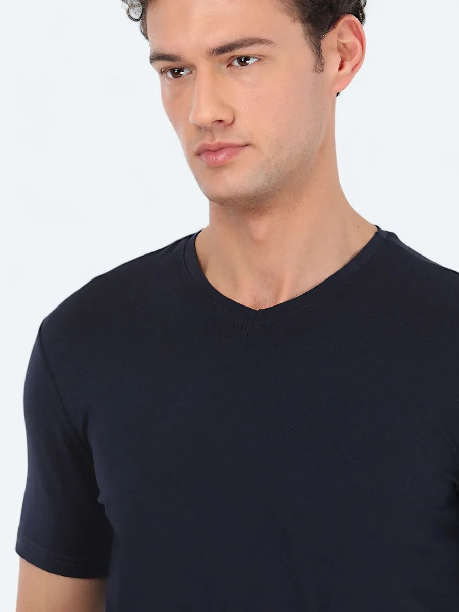 Lacivert V Yaka Pamuk Karışımlı T-Shirt - 4