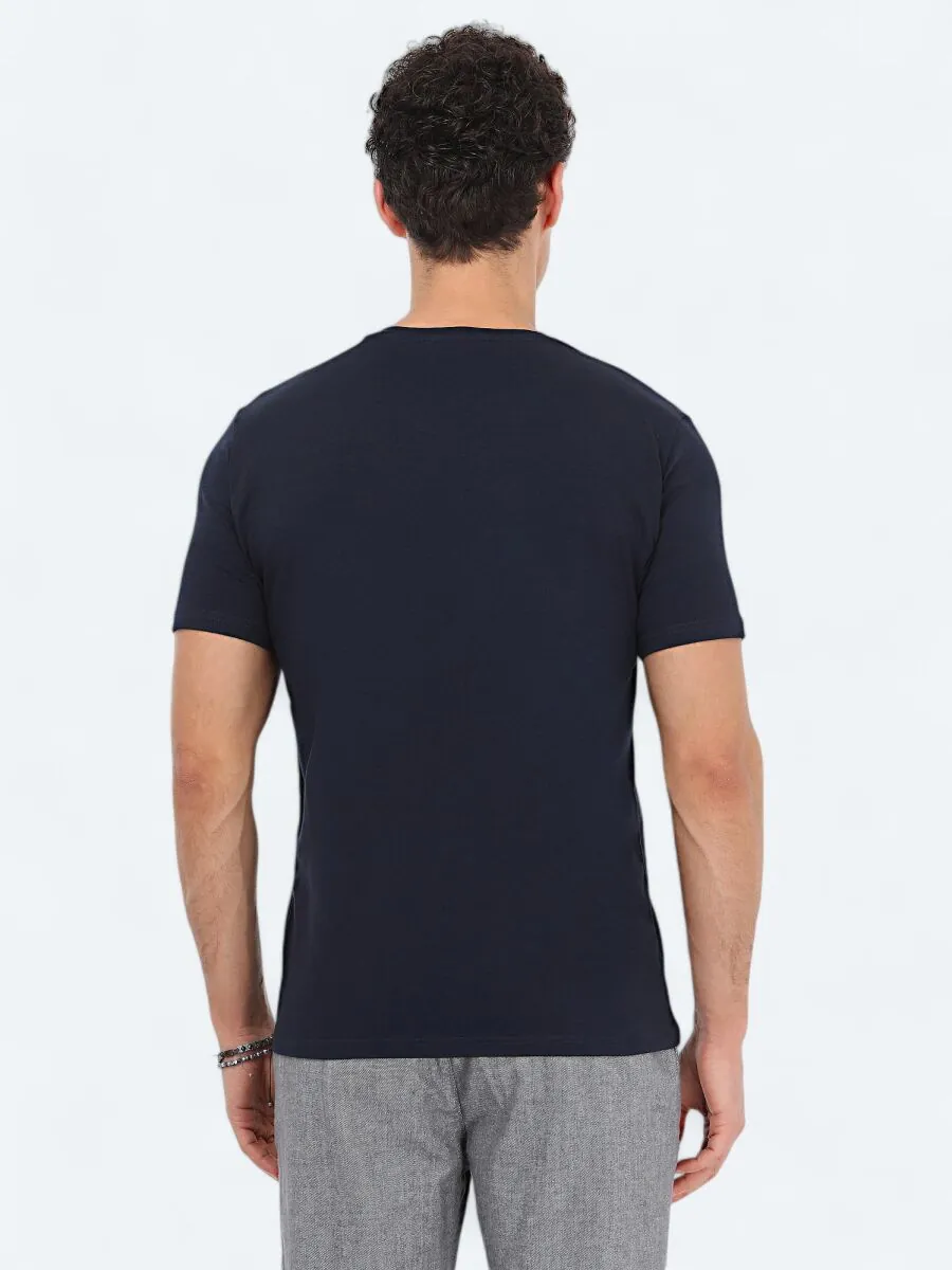 Lacivert V Yaka Pamuk Karışımlı T-Shirt - 5