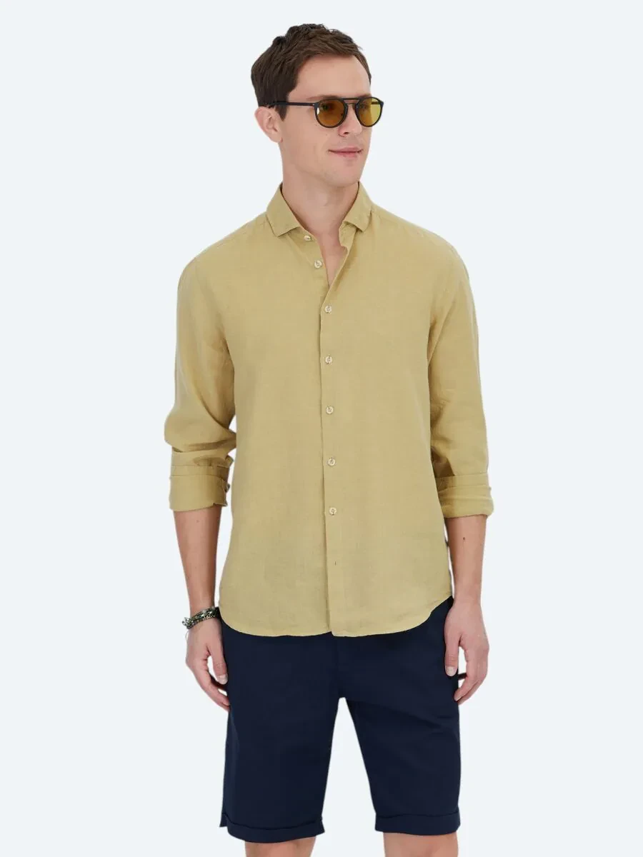 Lemon Mold Plain Weaving Casual Cotton Blended Shirt - 1