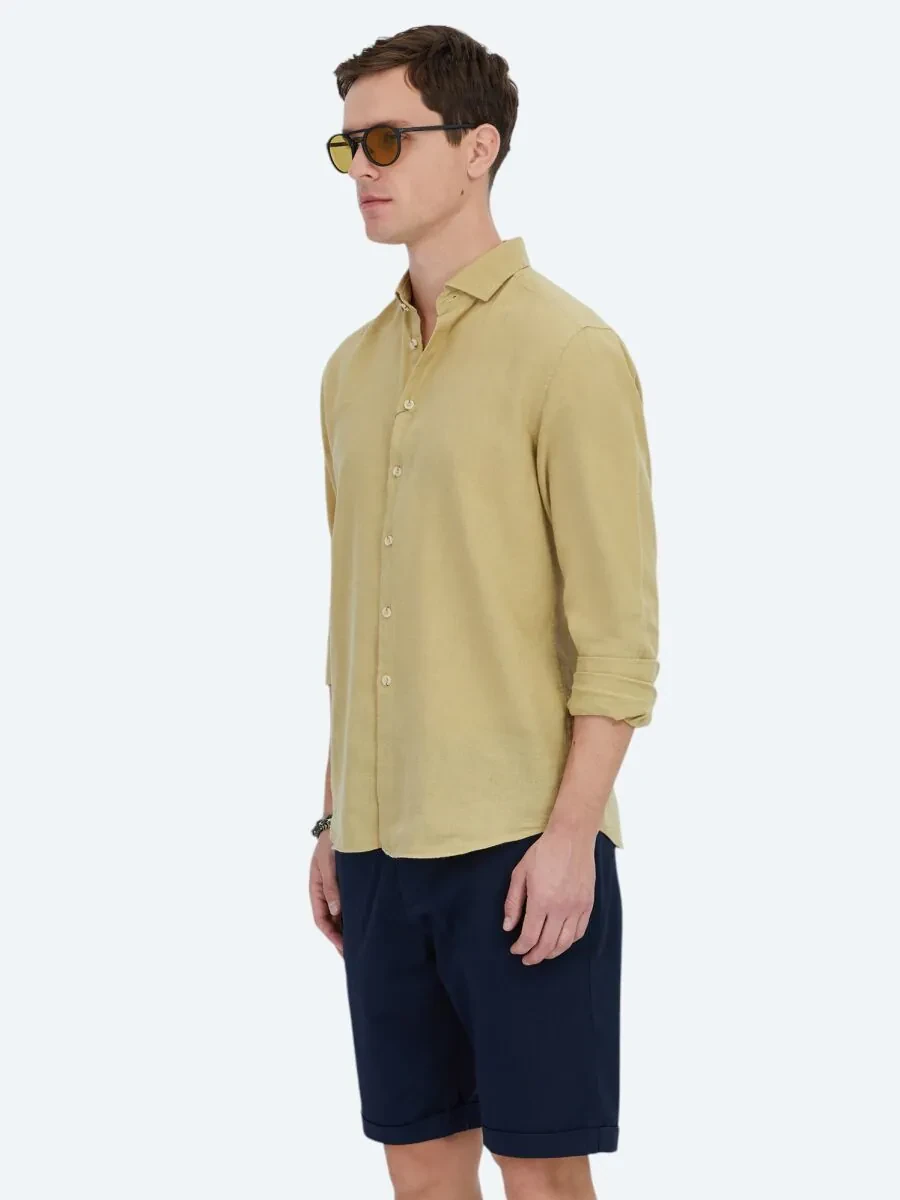 Lemon Mold Plain Weaving Casual Cotton Blended Shirt - 3