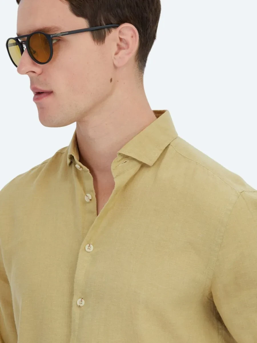 Lemon Mold Plain Weaving Casual Cotton Blended Shirt - 4