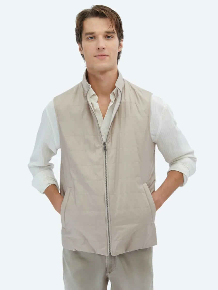 Light Beige Cotton Blended Weaving Puffer Vest - 1
