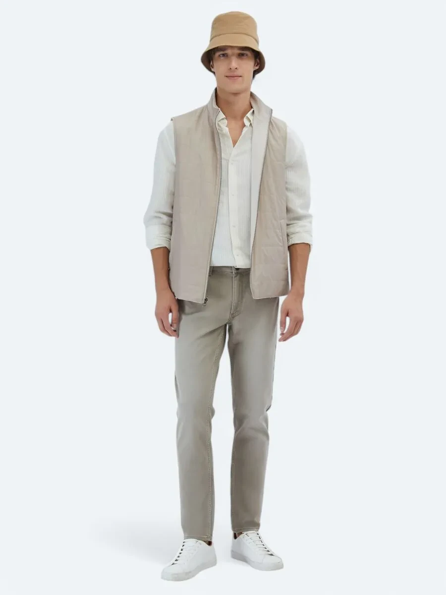 Light Beige Cotton Blended Weaving Puffer Vest - 2