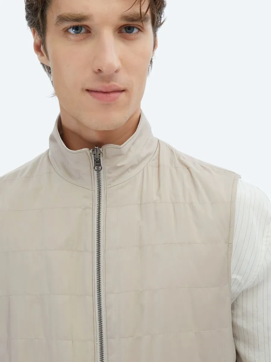 Light Beige Cotton Blended Weaving Puffer Vest - 5