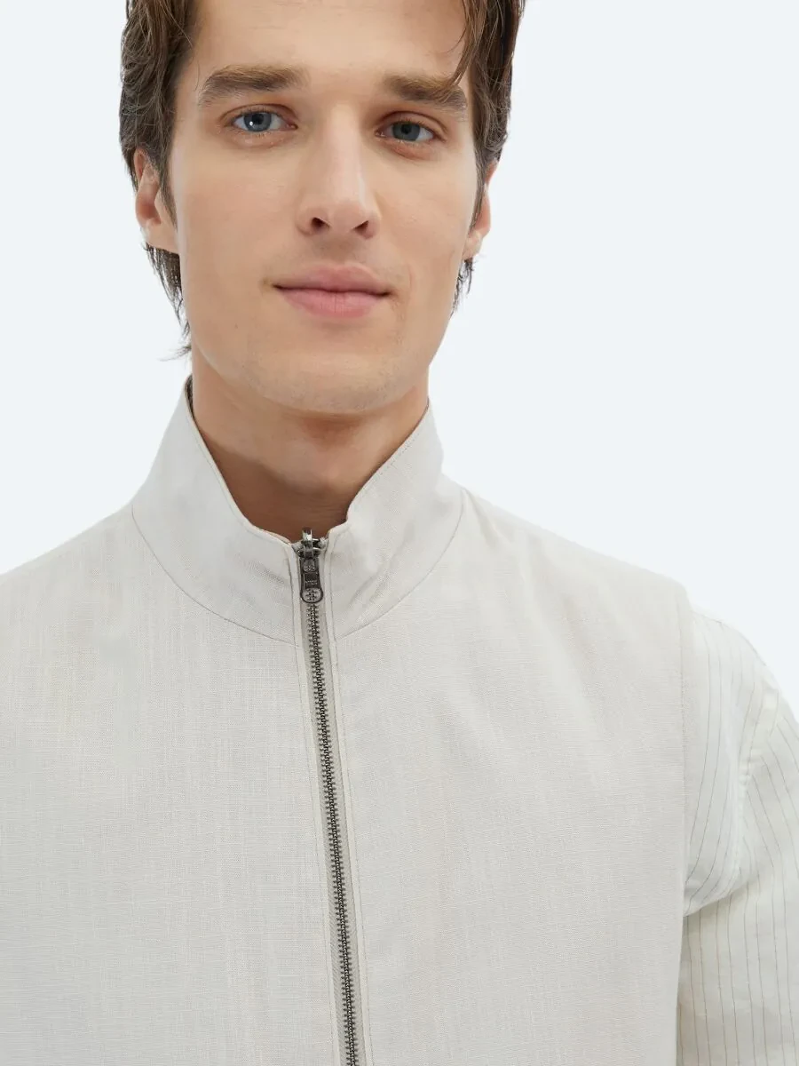 Light Beige Cotton Blended Weaving Puffer Vest - 6
