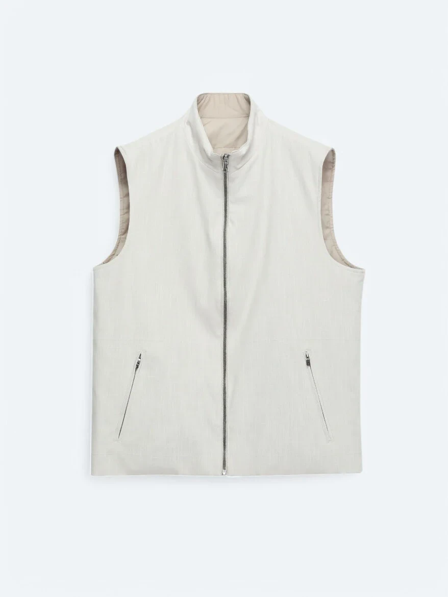Light Beige Cotton Blended Weaving Puffer Vest - 9