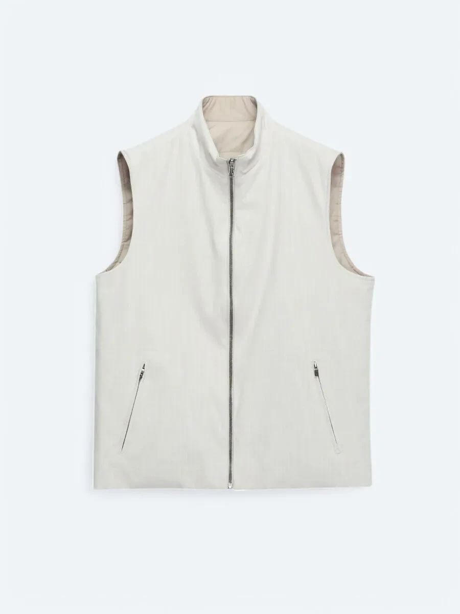 Light Beige Cotton Blended Weaving Puffer Vest - 9