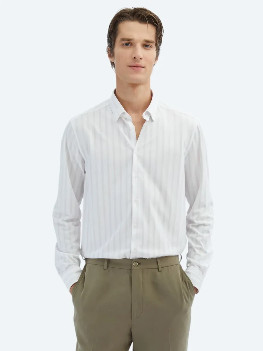 Light Beige Striped Regular Fit Knitting Casual Cotton Blended Shirt - 1