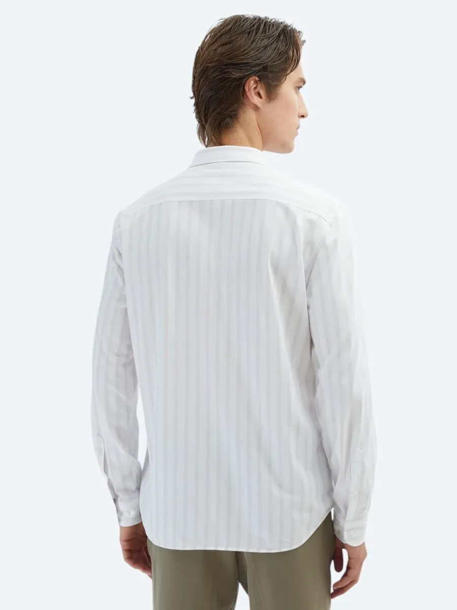 Light Beige Striped Regular Fit Knitting Casual Cotton Blended Shirt - 5