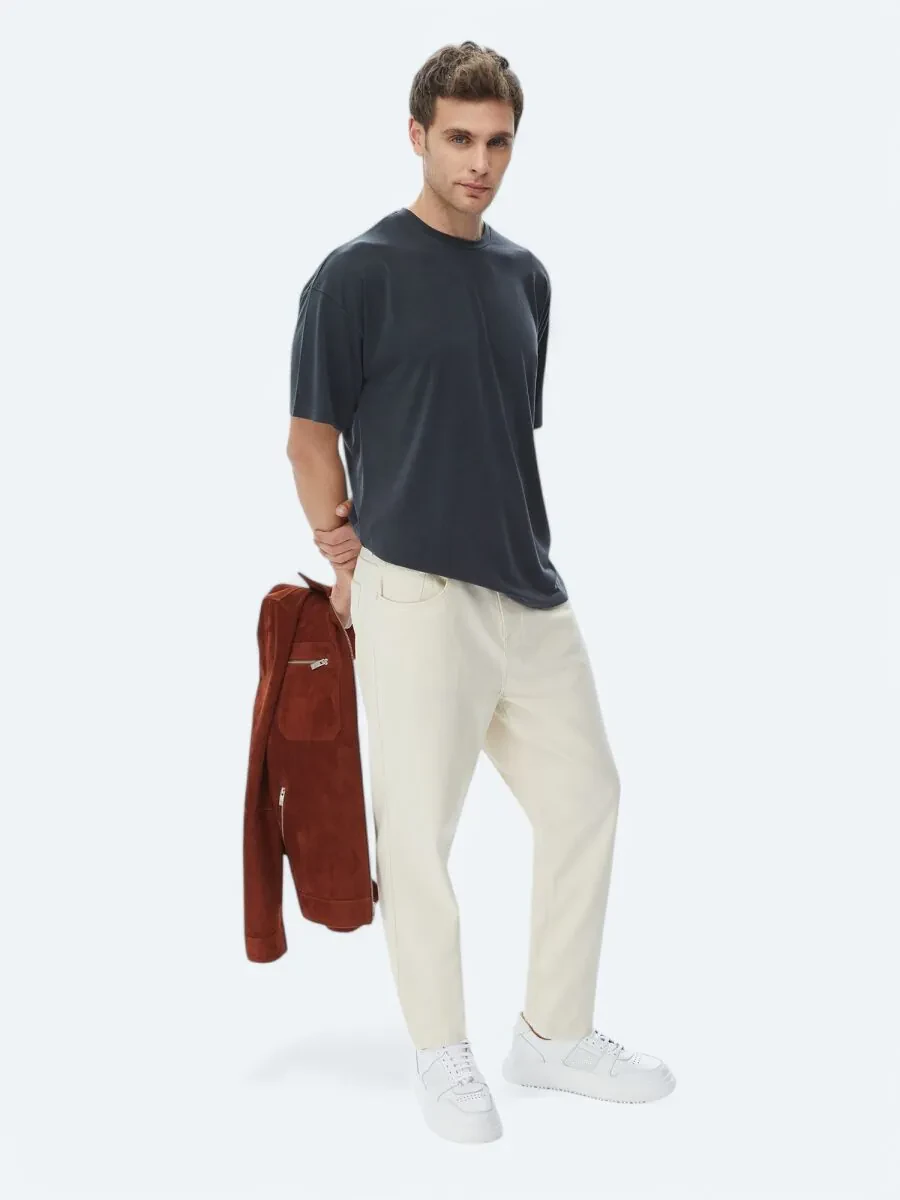 Light Beige Weaving Carrot Fit Casual Cotton Blended Trousers - 1