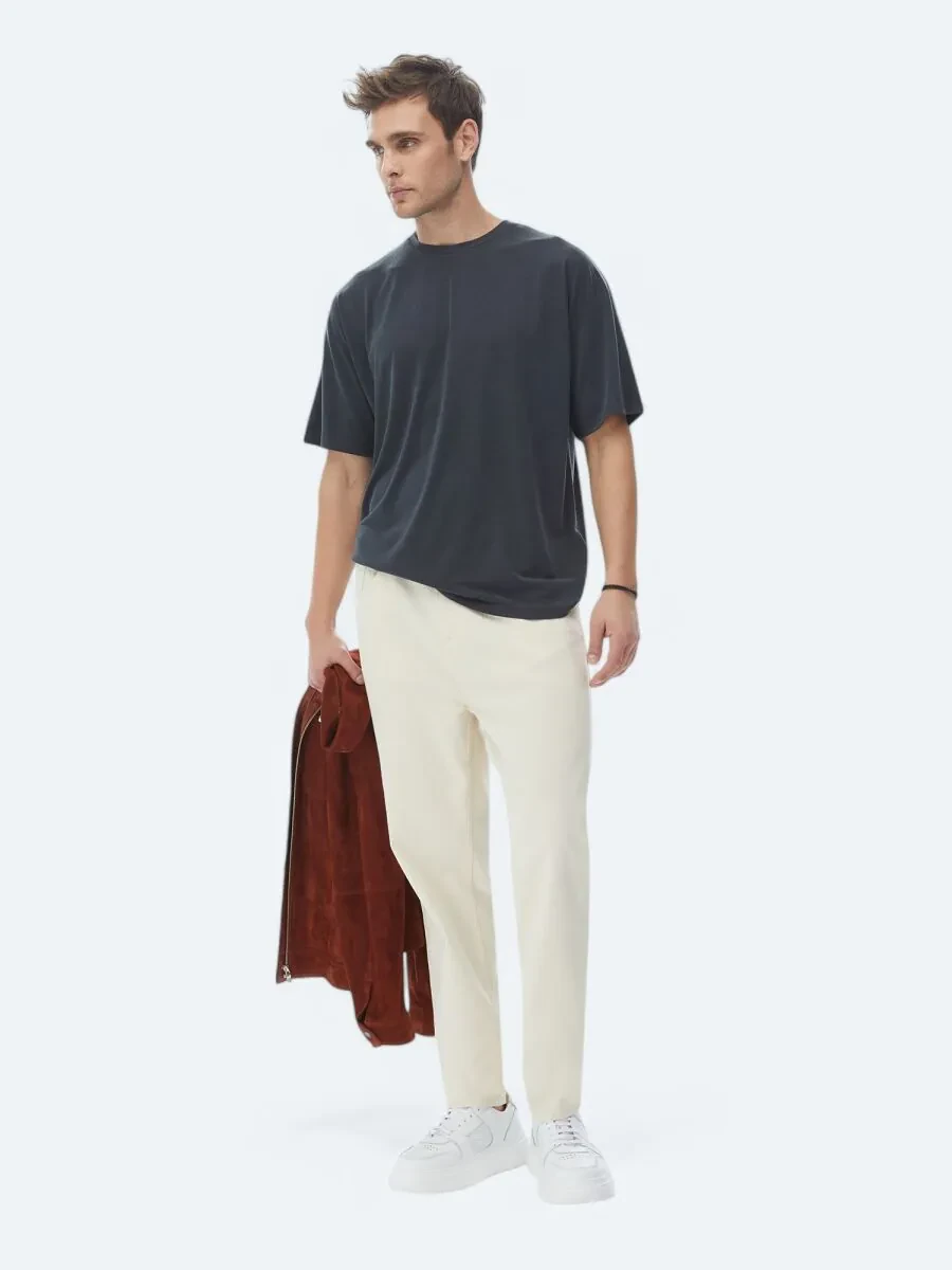 Light Beige Weaving Carrot Fit Casual Cotton Blended Trousers - 3