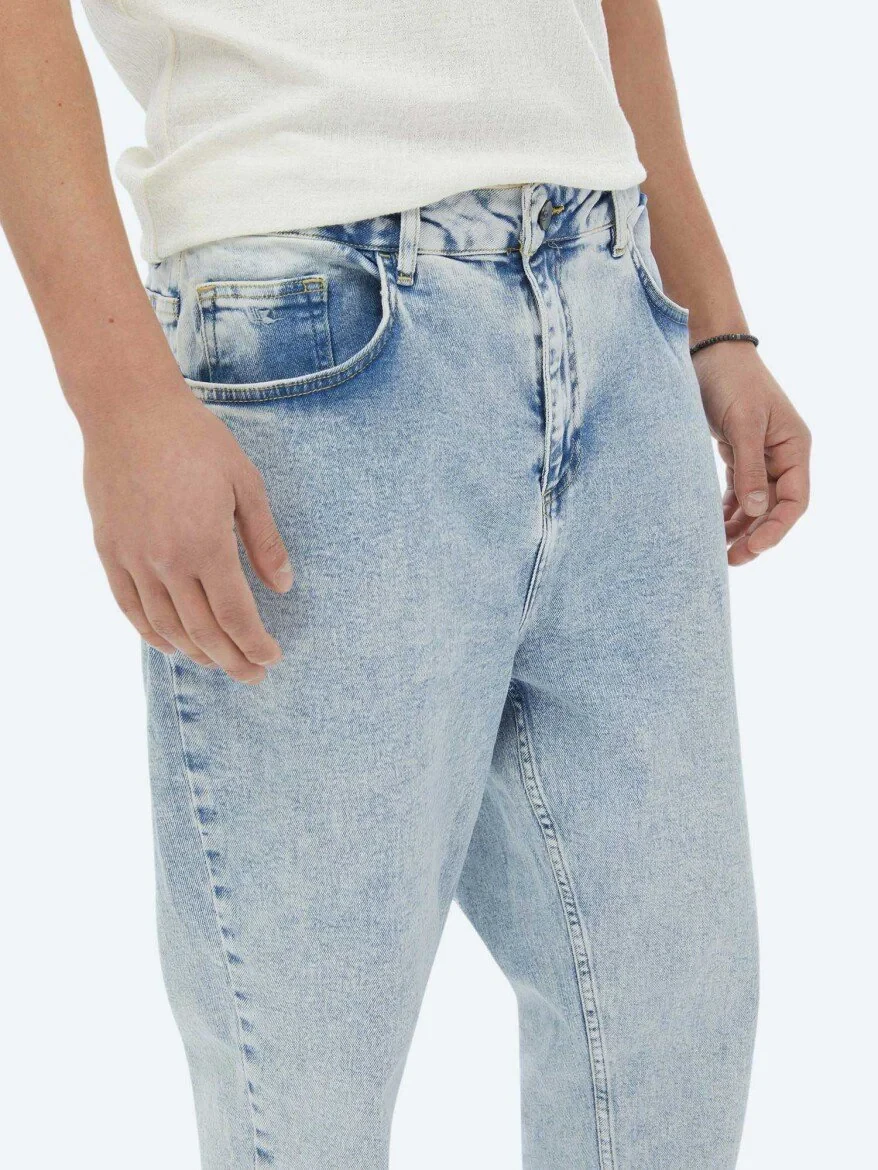 Light Blue Carrot Fit Denim 100% Cotton Trousers - 3