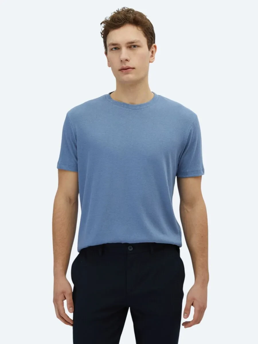 Light Blue Plain Crew Neck Cotton Blended T-Shirt - 1