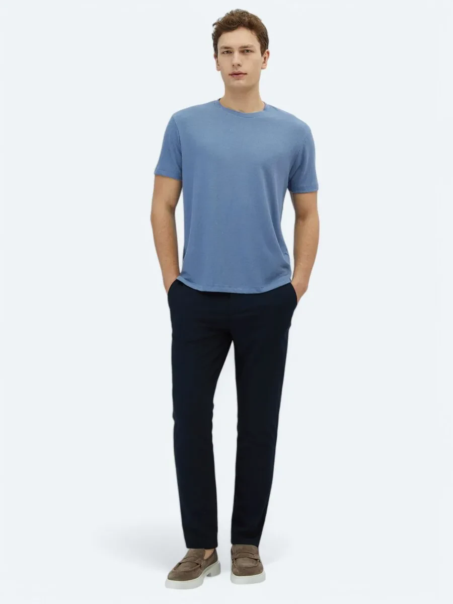 Light Blue Plain Crew Neck Cotton Blended T-Shirt - 2