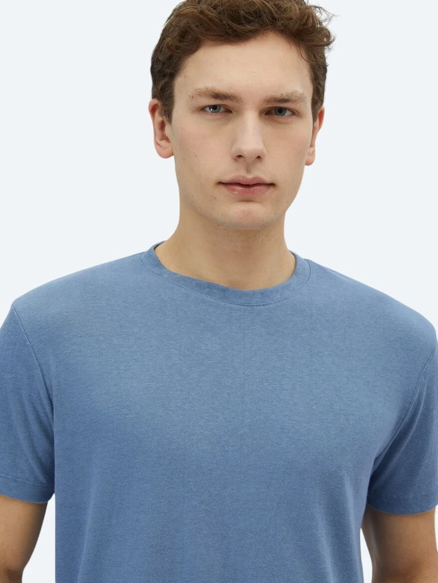 Light Blue Plain Crew Neck Cotton Blended T-Shirt - 3
