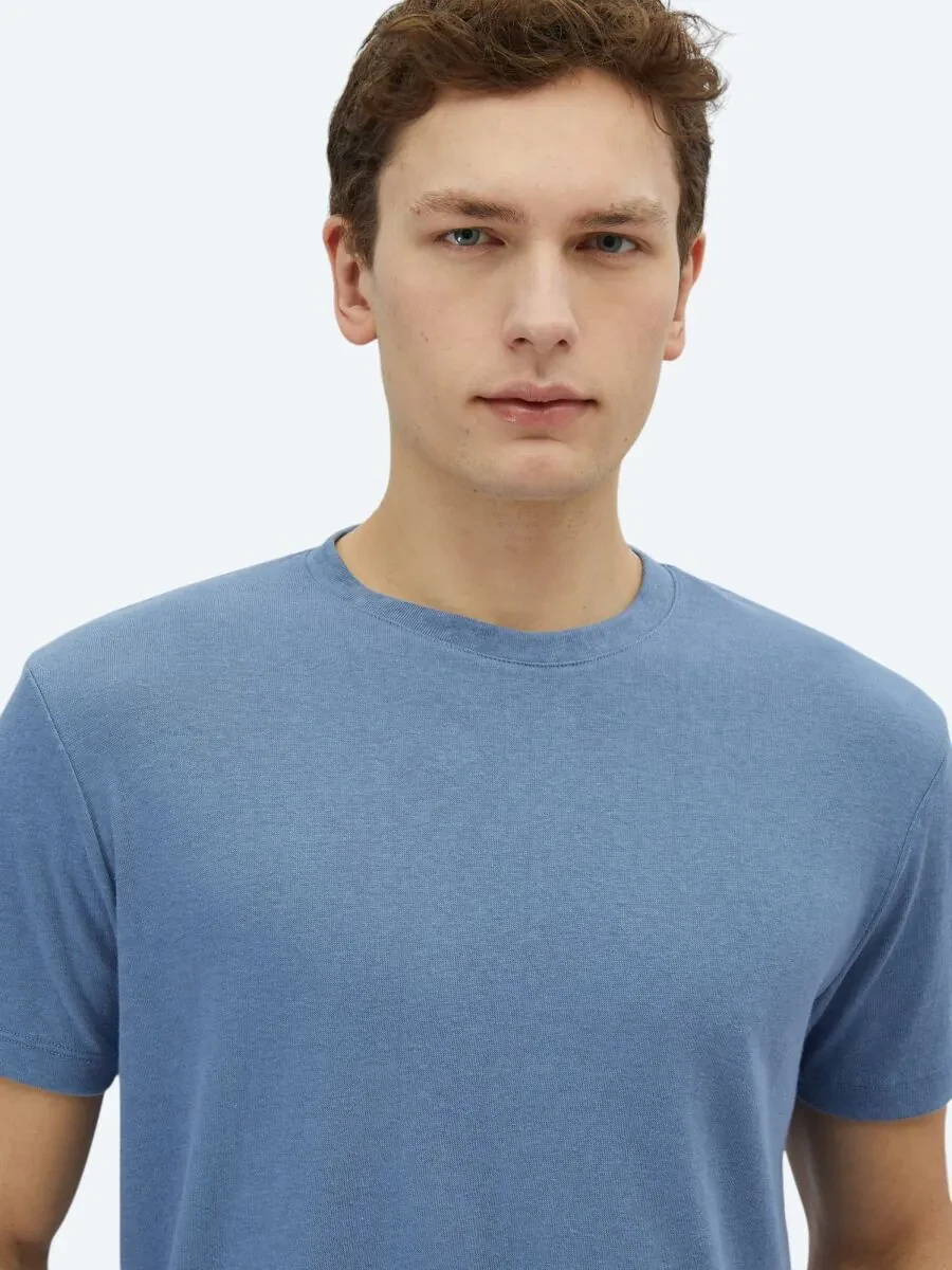 Light Blue Plain Crew Neck Cotton Blended T-Shirt - 3